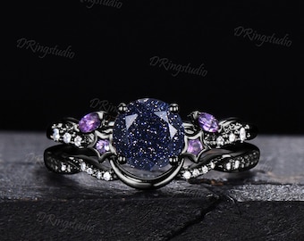 Black Gold Moon Nebula Blue Sandstone Ring Set Celestial Round Blue Goldstone Star Engagement Ring Amethyst Cluster Promise Bridal Ring Set