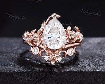 1.25ct Pear Moissanite Engagement Ring Set Rose Gold Leaf Moissanite Bridal Set Vintage Flower Pave Wedding Ring Proposal Gift For Fiancee