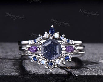 Hexagon Galaxy Blue Sandstone Engagement Ring 3pc White Gold Blue Goldstone Bridal Set Amethyst Moonstone Nebula Wedding Ring Gift for Women