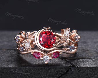 Vintage Crescent Moon Round Ruby Engagement Rings Nature Twig Leaf Star 14K Rose Gold Bridal Set Cluster Alexandrite July Birthstone Ring