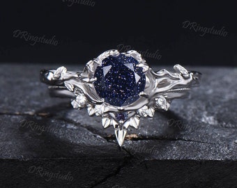 Leaf Textured Round Starry Sky Blue Sandstone Engagement Ring Branch Moissanite Bridal Set Vintage Blue Goldstone Wedding Ring Proposal Gift