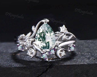 14K Gold Pear Shaped Green Moss Agate Bridal Ring Set Nature Inspired Twig Leaf Vine Natural Agate Engagement Ring Moon Star Design Ring Set