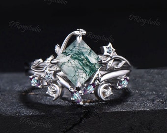 Leaf Princess Cut Natural Moss Agate Engagement Ring Unique Celestial Alexandrite Bridal Set Moon Star Wedding Ring Proposal Gifts for Her