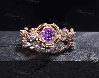 5mm Round Natural Amethyst Ring Set Rose Flower Amethyst Bridal Set Nature Inspired Leaf Band Emerald Ring February Birthstone Women Gifts