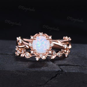 Twig Vine Fire White Opal Ring Set 10K Rose Gold Nature Inspired Round Opal Halo Engagement Ring Twist Vine Moissanite Diamond Wedding Ring