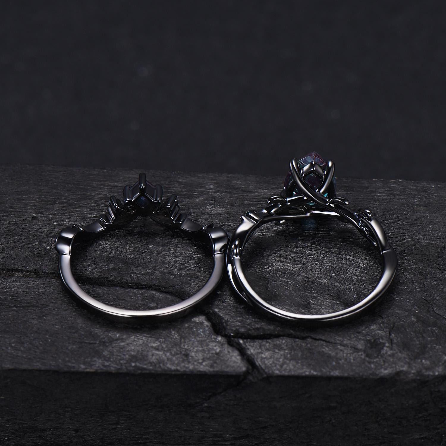 Black Gold Alexandrite Engagement Ring Gothic Black Twig Vine June