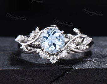Twig Aquamarine Engagement Ring Set 6.5mm Round Natural Aquamarine Cluster Wedding Ring Branch Leaf Bridal Set March Birthstone Propose Ring
