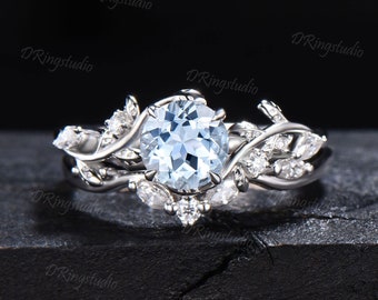 Zweig Aquamarin Verlobungsring Set 6.5mm Runde natürliche Aquamarin Cluster Hochzeit Ring Zweig Blatt Braut Set März Birthstone vorschlagen Ring