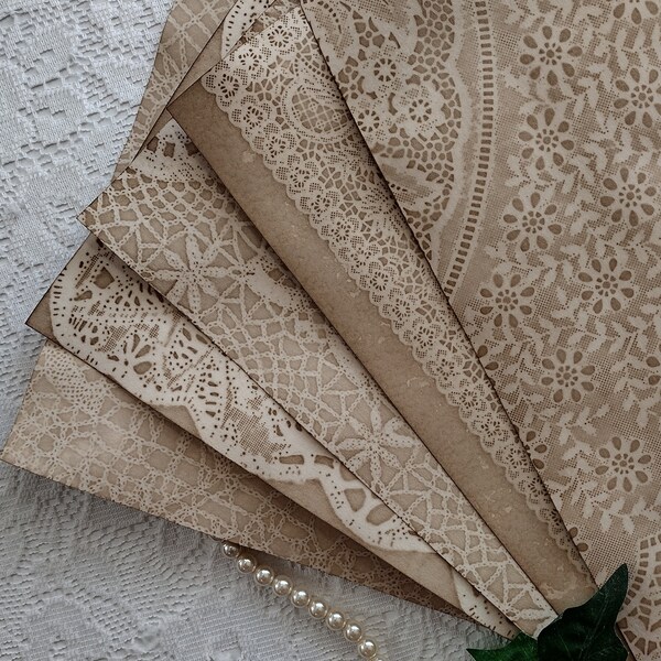 5 Coffee Dyed Lace CARDSTOCK Sheets