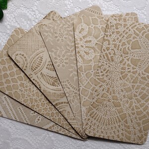6 tarjetas de diario de encaje teñidas de café, 6 tarjetas de diario, cartulina teñida de café
