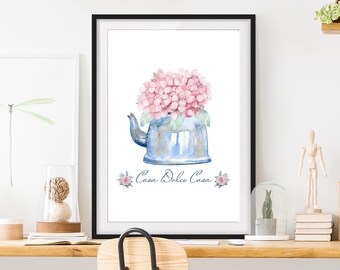Poster di casa dolce casa, teiera con acquerello di ortensie, decorazioni per la casa di fiori, arte floreale per la casa, poster stampabili
