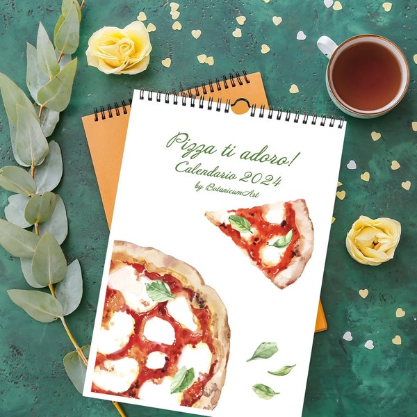 2024 Calendario pizza, Calendario arte de pizza, Arte ilustración de viajes A4, Calendario gastronómico, Calendario de pared de pizza A4