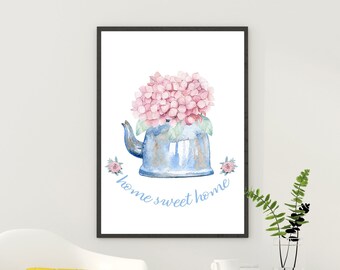 Watercolor Hydrangea Teapot Wall Art: Printable Kitchen Decor for Cottage Home