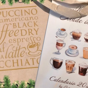 Calendario caffè 2025 e Coffee Shopper, italiano, Regalo per amanti caffè, Arte illustrazione di viaggio A4, Calendario da parete del caffè