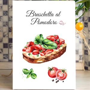 Bruschetta Print, cuisine italienne Print, Food Art Printable, Italie Illustration Downloadable, Kitchen Wall Art, Basil Tomato Printable