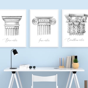 Set 3 architectural orders, types of classical capitals poster, column Wall Art, architectural print, Doric Ionic Composite, Greece A4 print