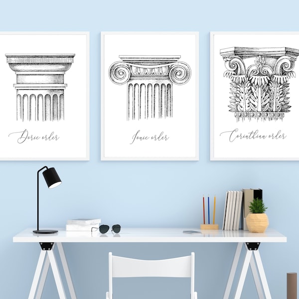 Poster Ordini architettonici, Set Stampa 3 tipi di capitelli classici per la casa, Colonne Dorico, Ionico Corinzio DOWNLOAD IMMEDIATO