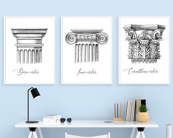 Set 3 architectural orders, types of classical capitals poster, column Wall Art, architectural print, Doric Ionic Composite, Greece A4 print