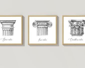 Architectural Orders Poster, Set 3 Types Classical Capitals Prints Home Decor, Aesthetic Wall Art, Doric, Ionic Corinthian