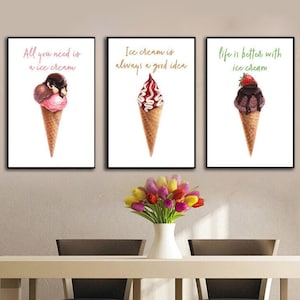 Ice Cream Print Set of 3, Watercolor Gelato Poster, Italian Kitchen Wall Art, Cute Dessert Illustration, Summer Decor Gift