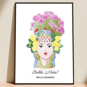 Sicily Moor Head Art Print: Blue Italian Folk Wall Decor A4/A3