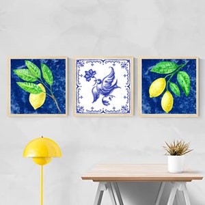 Cartel italiano de Sicilia, conjunto de limón italiano, conjunto de 3 Sicilia, arte de la pared limón, decoraciones de Italia, pájaro azul