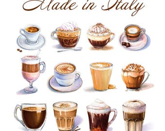Peut inclure: Un calendrier 2027 intitulé Il Caffe Made in Italy par BotanicumArt présentant douze illustrations à l'aquarelle de diverses boissons au café, incluant des espressos, lattes et cappuccinos dans des tasses en verre et céramique sur fond blanc.