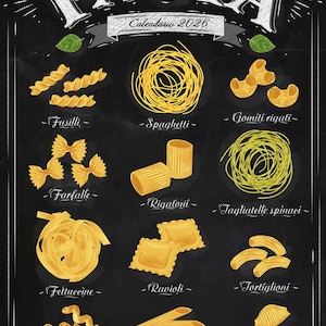 Calendario de Pared Pasta 2026 – Elige el Mes de Inicio – Ilustración de Espagueti – Regalo de Viaje Italiano – Decoración de Cocina