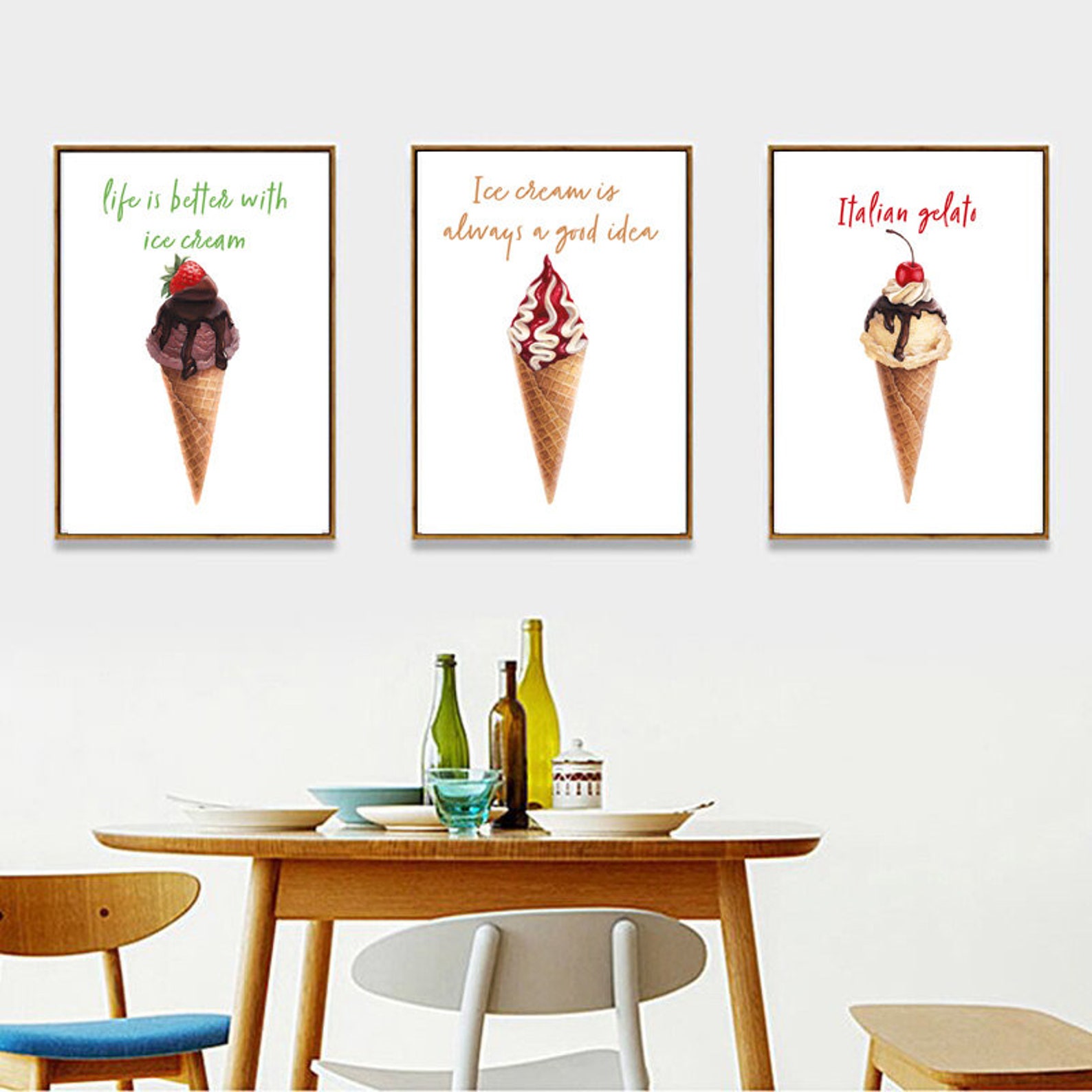 Set 3 Ice Cream Print Watercolour, Set 3 Ice Cream Poster, Ice Cream