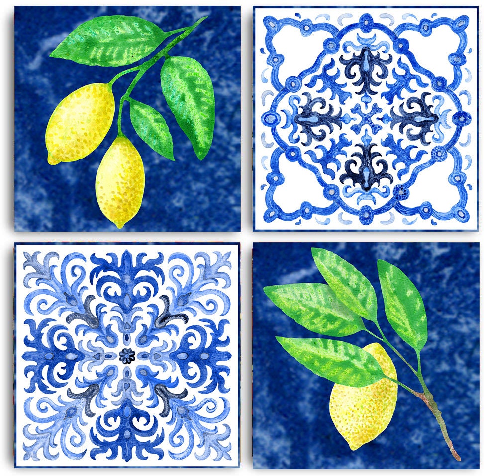 Sicilia Majolica Wall Art 4 set print, watercolor blue mosaic tiles, fruits and leaves home print, Love Positivity print, Botanical prints