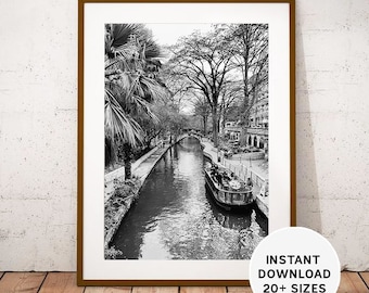 San Antonio River Walk Print: Texas Black and White Photography (Instant Download)