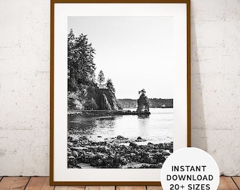 May include: Monochrome framed print of a coastal scene. The photograph shows a rocky shore, tranquil water, and a small island with a tree. The frame is a warm brown. Text on the image reads "INSTANT DOWNLOAD 20+ SIZES."