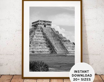 CHICHEN ITZA Mexico, Printables, Instant Download, Travel Photography, Black, White, Seven Wonders of the World, Tinum Yucatan Mayan Art