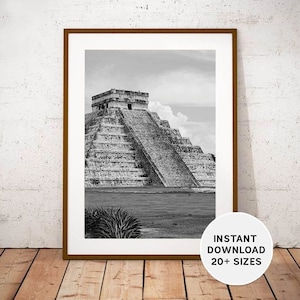 CHICHEN ITZA Mexico, Printables, Instant Download, Travel Photography, Black, White, Seven Wonders of the World, Tinum Yucatan Mayan Art