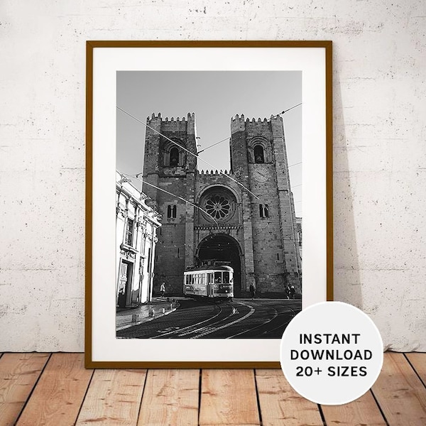 LISBON, PORTUGAL, Lisbon Cathedral, Portugal train, Saint Mary Major, Instant Download, Travel Photography, Black White, Home Decor, Gift