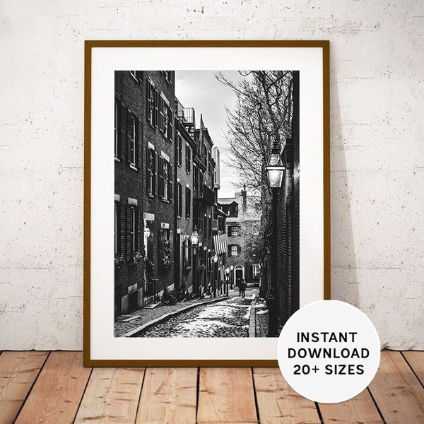 BOSTON, Massachusetts, City of Boston, Acorn Street, United States, Instant Download, Printable, Photography, Black White Photo, Gift idea