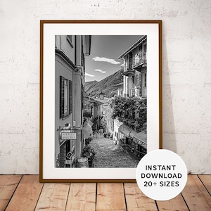 Peut inclure: Photographie en noir et blanc d'une rue étroite dans une ville européenne. La rue est bordée de bâtiments et a une surface en pavés. Des arbres et des plantes poussent le long des côtés de la rue. Un panneau pour un bar à vin apéritif est visible sur le côté gauche de l'image.