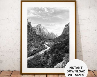 Zion National Park Print: Black and White Photography (Instant Download)