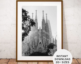 Peut inclure: Photographie en noir et blanc de la basilique de la Sagrada Família à Barcelone, en Espagne. La photo montre la façade avant de l'église avec ses tours emblématiques.