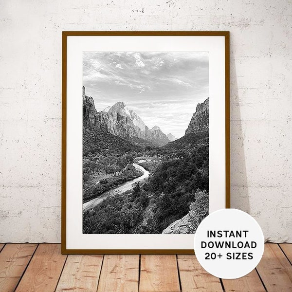 Zion National Park, Utah, USA, US, Zion Canyon, Virgin River, United States, Instant Download, Printable, Photography, Black White Photo