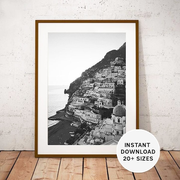 Positano, Amalfi Coast, Italy, Sunset in Italy, Beach Italy, Printable, Instant Download, Travel Photography, Black White Photo, Italian Art