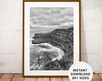 CLIFFS OF MOHER, Ireland, Black White Travel Photography, Printable Photo, Instant Download, Wild Atlantic Way, Home Decor Her His Gift Idea