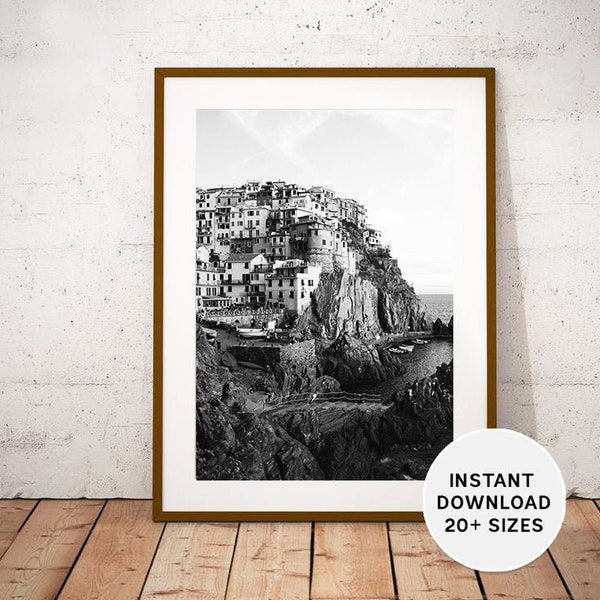CINQUE TERRE Italy, Liguria Italia, La Spezia Province, Printable, Instant Download, Travel Photography, Black White Photo, Italian Art