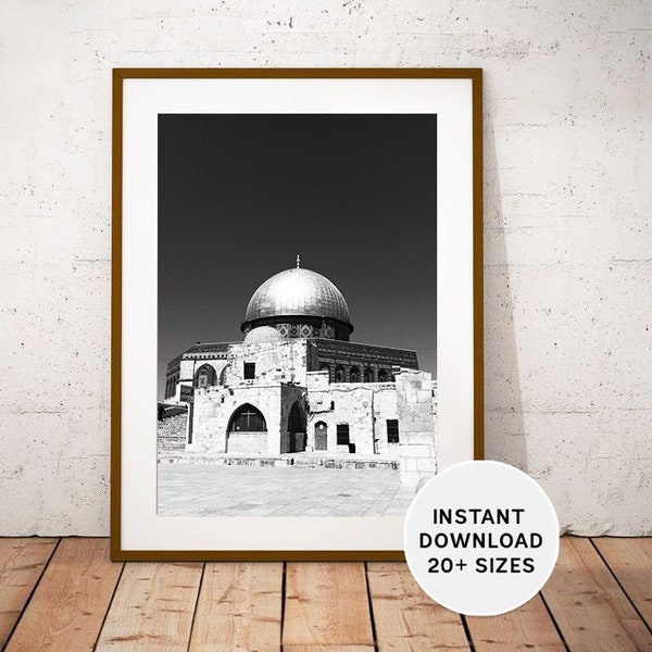 DOME of the ROCK, Jerusalem, Israel, Jewish Temple, Palestine, Jewish Shrine, Old City, black white photography, instant download print art