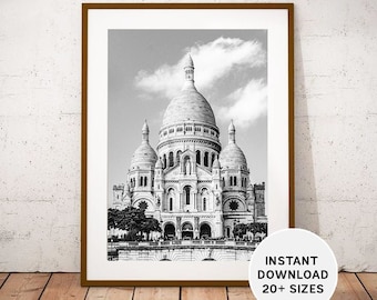 Montmartre Paris Print: Sacré-Cœur Basilica, Black and White Photography (Instant Download)