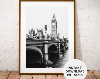 LONDON United Kingdom, Big Ben, Palace of Westminster, Printable, Instant Download, Travel Photography, Black White Photography, Britain Art