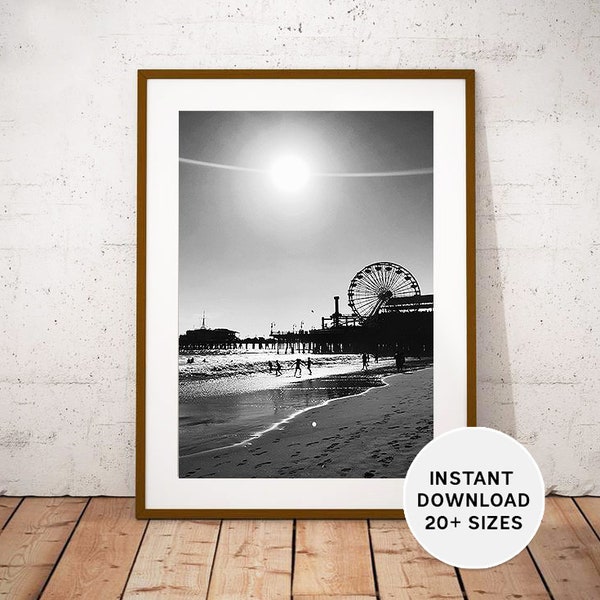 SANTA MONICA Pier, Los Angeles, Kalifornien schwarz weiß Fotografie, druckbares Foto, sofortiger Download, herunterladbare USA Home Decor Geschenkidee