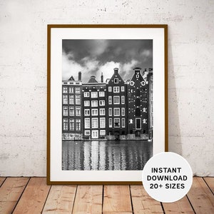 AMSTERDAM, NETHERLANDS, Amsterdam Canals, Canal House, Instant Print, Printables, Instant Download, Travel Photography, Black White, Dutch