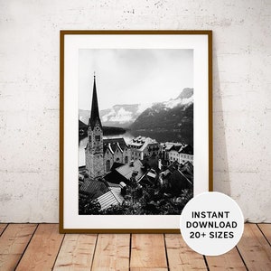 HALLSTATT Österreich, Salzburg Printables, Sofort-Download, Reisefotografie, schwarz weiss, Wohnkultur Geschenk, Österreichische Fotografie Kunstdruck