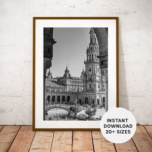 SEVILLA, ESPAÑA, Plaza de España, Sevilla, Parque de María Luisa, Imprimible, Descarga instantánea, Foto de viaje en blanco y negro, Arte fotográfico español